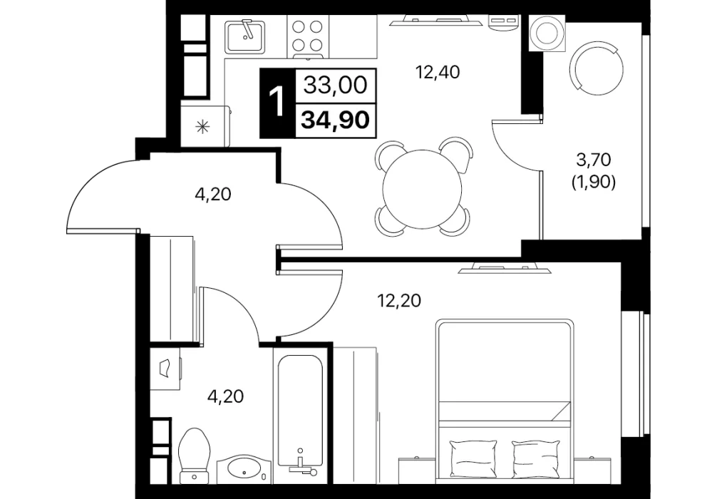 Планировка: 1-комнатная, 34.9 м²