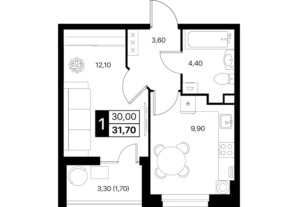 Планировка: Студия/евро 1к, 31.7 м²