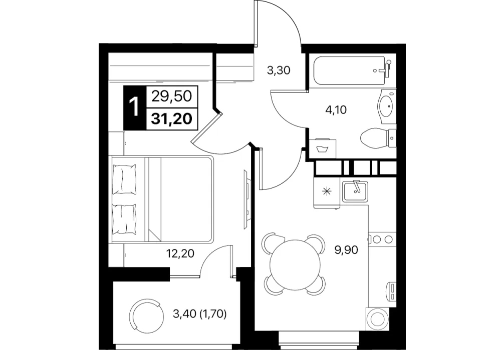 Планировка: Студия/евро 1к, 31.2 м²