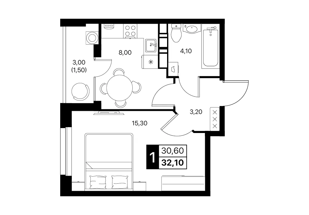 Планировка: Студия/евро 1к, 32.1 м²