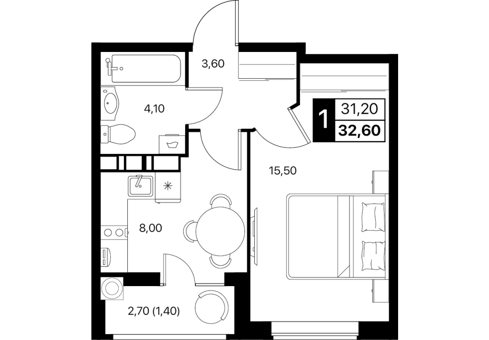 Планировка: Студия/евро 1к, 32.6 м²