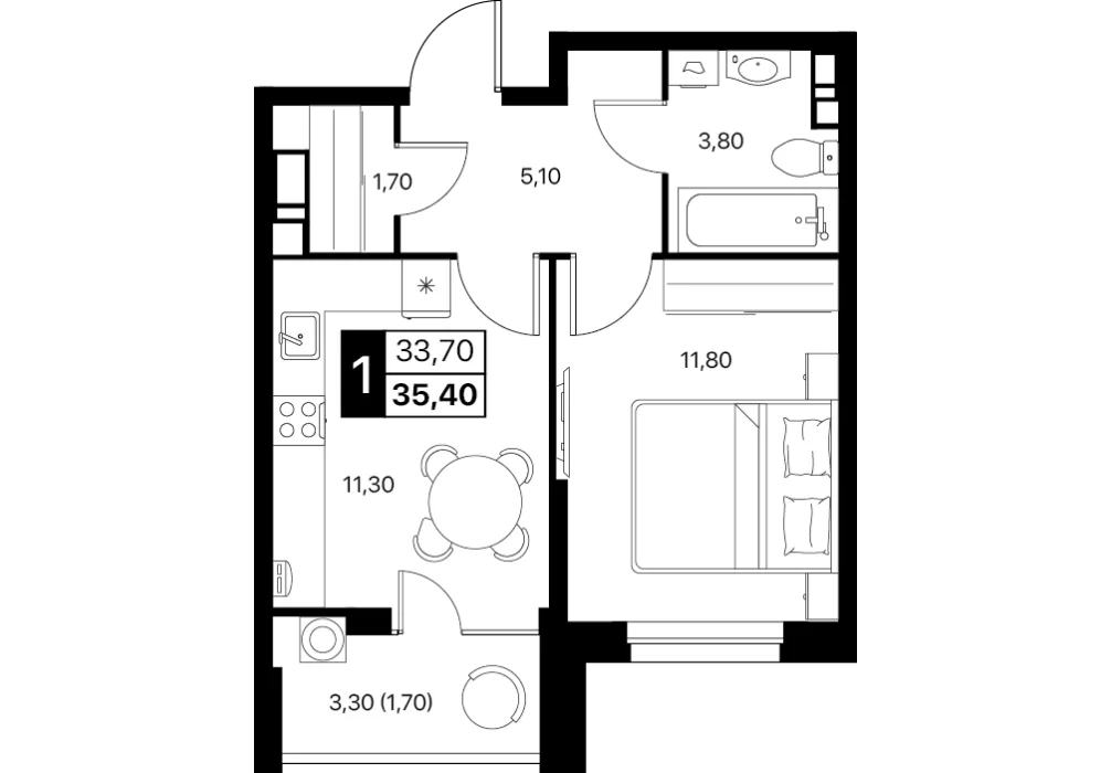 Планировка: 1-комнатная, 35.4 м²